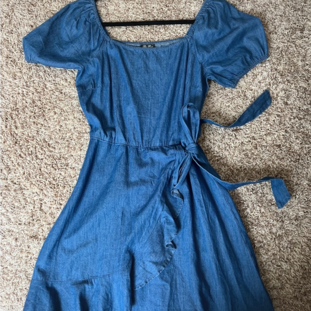 Blue Wrap-Style mini Dress with Puff Sleeves